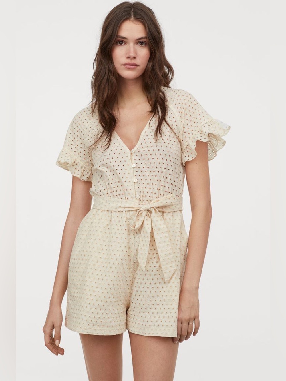 Ivory Eyelet Embroidered Romper V Neck Button Front Flutter Sleeve Tie Waist, 6